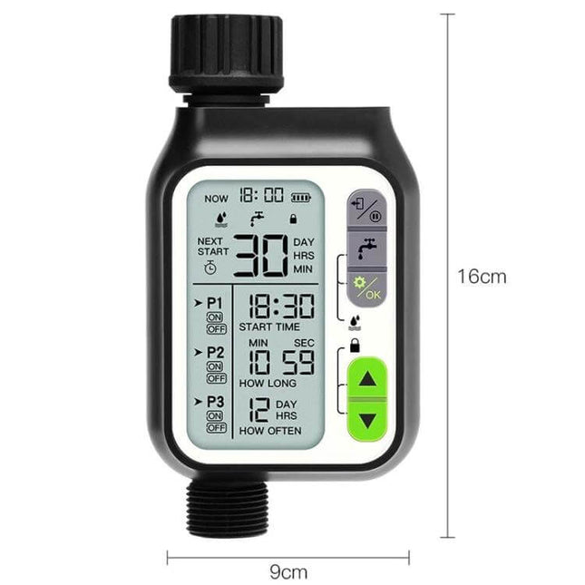 NADSTER Garden Waterer With Timed Rain Sensor Single Outlet digital timer display for automated garden irrigation, 3 programs, rain sensor, battery powered