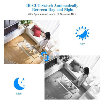 VESAFE Wireless Home Security Camera for Monitoring showing day and night IR-CUT switching with clear color and black-and-white images