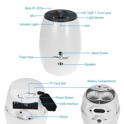VESAFE Wireless Home Security Camera for Monitoring white compact dome camera with labeled IR LEDs lens PIR speaker TF card slot and battery compartment