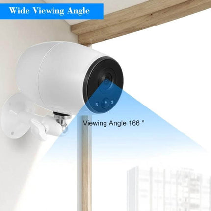 VESAFE Wireless Home Security Camera for Monitoring mounted outdoors showing wide 166° viewing angle and live smartphone monitoring