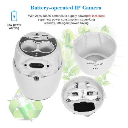 VESAFE Wireless Home Security Camera for Monitoring showing battery-operated IP camera parts and low-power warning