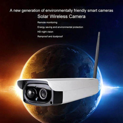 VESAFE Solar Powered Outdoor Security Camera for Home Monitoring showing white solar wireless outdoor camera with antenna against planet background