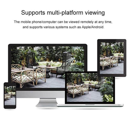 VESAFE Solar Powered Outdoor Security Camera for Home Monitoring showing multi-platform viewing on phone, tablet, laptop and desktop for outdoor patio monitoring