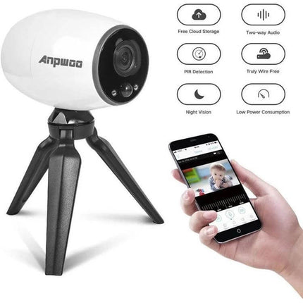 Anpwoo WiFi Security Camera with Night Vision and Motion Detection monitoring a home entry with mobile app alerts and night vision