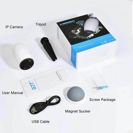 Anpwoo WiFi Security Camera with Night Vision and Motion Detection showing camera, tripod, USB cable, magnet base, screw pack, and user manual