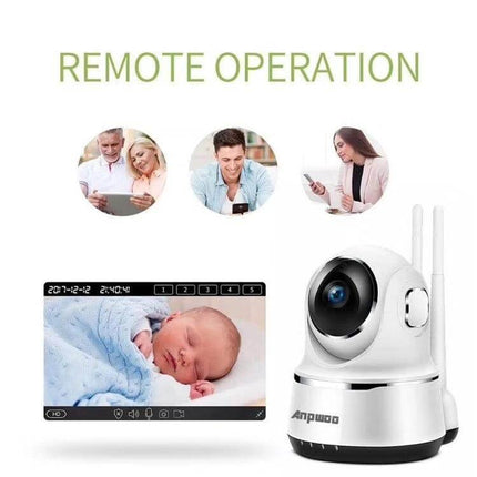 Anpwoo Guardian WiFi IP Camera for Indoor Security Monitoring showing remote operation with baby monitor live feed