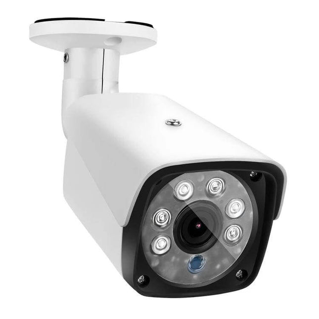 Surveillance Camera System for Home Security with Night Vision - white outdoor bullet camera with night IR LEDs and weatherproof mount