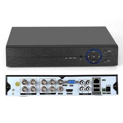 Surveillance Camera System for Home Security with Night Vision 8-channel DVR unit showing front controls and rear video/network ports