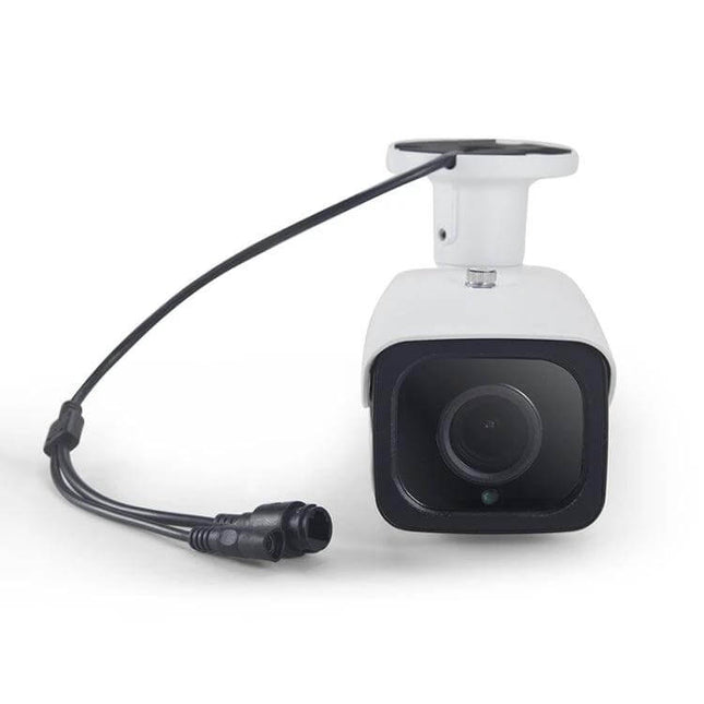 5MP Auto Focus IP Camera with 4x Zoom Lens for Surveillance front view showing lens and cable for home and business security