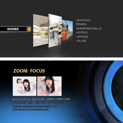 5MP Auto Focus IP Camera with 4x Zoom Lens for Surveillance - showroom scenes and zoom focus demo for schools, roads, malls, hotels, offices, villas