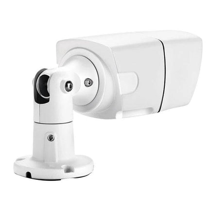 High-Resolution IP Camera for Home and Business Security with Zoom Lens mounted white bullet camera showing 4x optical zoom and adjustable bracket