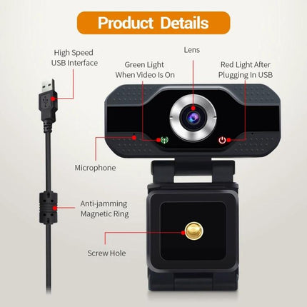 ESCAM Webcam with Microphone for PC Video Calls and Meetings - 2MP USB webcam with built-in microphone, indicator lights and tripod screw hole