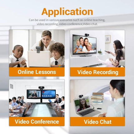 ESCAM Webcam with Microphone for PC Video Calls and Meetings showing online lessons, video recording, video conference and video chat applications