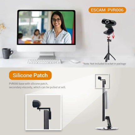 ESCAM Webcam with Microphone for PC Video Calls and Meetings showing webcam on monitor and tripod with silicone patch base