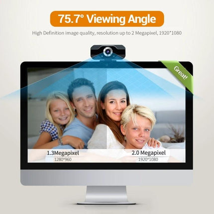 ESCAM Webcam with Microphone for PC Video Calls and Meetings showing 75.7° viewing angle and 2MP resolution on desktop monitor