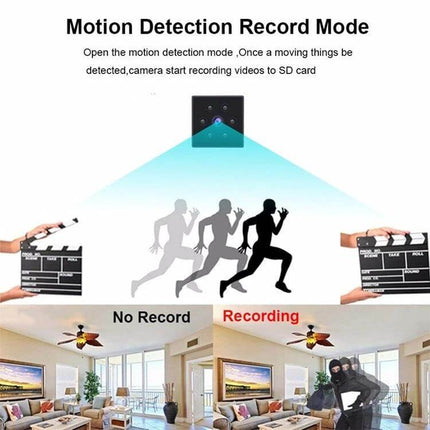 Wearable Wireless Sport Camera for Outdoor Adventures and Night Use showing motion-detection recording example with running figures and day/night indoor scenes