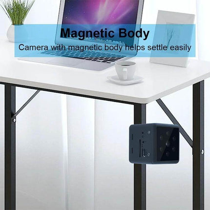 Wearable Wireless Sport Camera for Outdoor Adventures and Night Use mounted magnetically on table leg showing 1080P HD lens for hands-free day and night recording