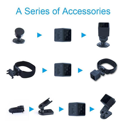 Wearable Wireless Sport Camera for Outdoor Adventures and Night Use with accessories kit showing mounts, straps and 1080P HD cube camera