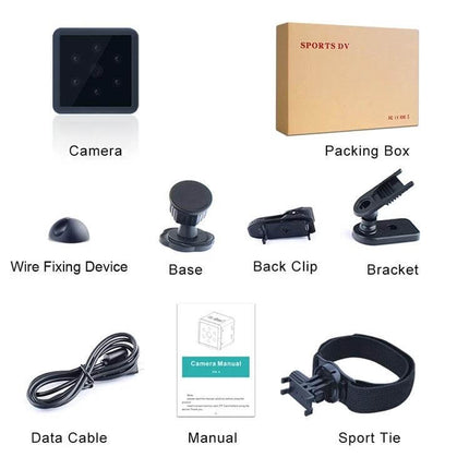Wearable Wireless Sport Camera for Outdoor Adventures and Night Use with accessories kit showing camera, mounts, clip, sport tie, cable, and manual