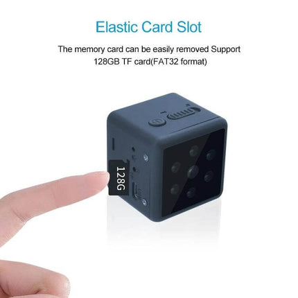 Wearable Wireless Sport Camera for Outdoor Adventures and Night Use showing compact cube camera with 128GB TF card slot and finger for scale