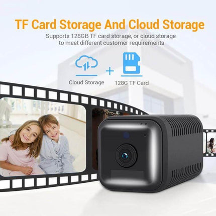 ESCAM G18 Rechargeable Battery WiFi Security Camera showing TF card and cloud storage options with 1080P and IR LEDs