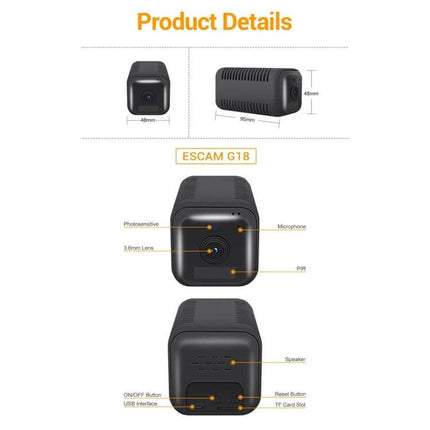 ESCAM G18 Rechargeable Battery WiFi Security Camera compact 1080P cube with PIR, mic, speaker, TF card slot and USB charging