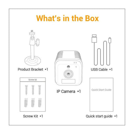 ESCAM G18 Rechargeable Battery WiFi Security Camera box contents showing camera, bracket, USB cable, screw kit and quick start guide