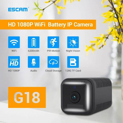 ESCAM G18 Rechargeable Battery WiFi Security Camera compact 1080P PIR motion sensor night vision with 6200mAh battery and 128G TF support
