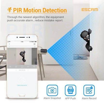 ESCAM G18 Rechargeable Battery WiFi Security Camera demonstrating PIR motion detection with app alerts and alarm snapshot