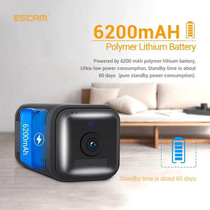 ESCAM G18 Rechargeable Battery WiFi Security Camera showing compact 6200mAh polymer battery and 1080P lens, long standby up to 60 days