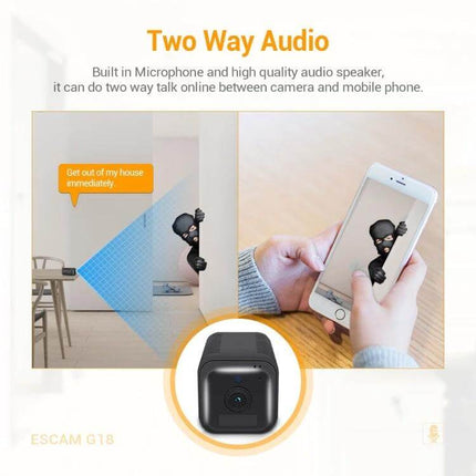 ESCAM G18 Rechargeable Battery WiFi Security Camera showing two-way audio demo with mobile alert and indoor monitoring