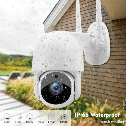 Tuya Wireless IP Camera for Home Security Monitoring mounted outdoors in rain showing IP65 waterproof housing and two-way audio features