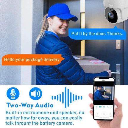 Tuya Wireless IP Camera for Home Security Monitoring showing delivery person at door, motion detection and two-way audio on smartphone