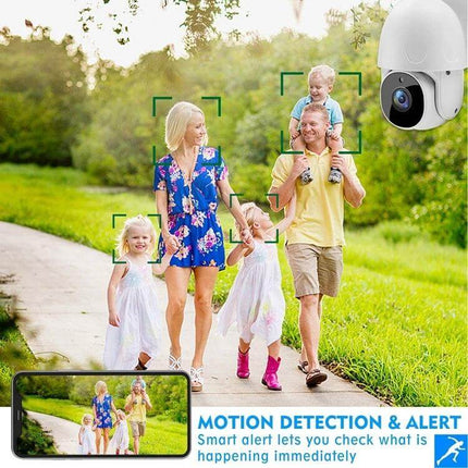 Tuya Wireless IP Camera for Home Security Monitoring capturing family walk with motion detection and two-way audio alerts