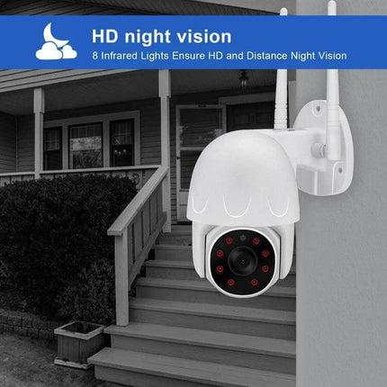 Tuya Wireless IP Camera for Home Security Monitoring mounted outdoors showing night vision LEDs and dual antennas for remote pet and package monitoring
