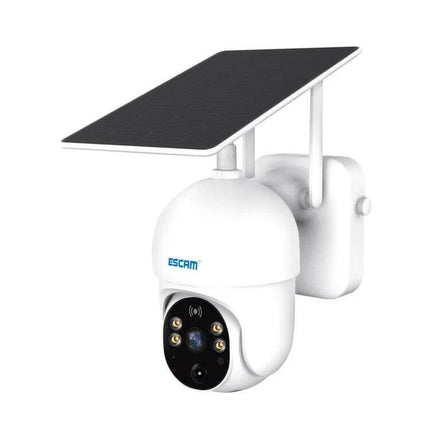 ESCAM QF255 Solar-Powered WiFi Security Camera for Outdoor Monitoring white solar-powered outdoor WiFi camera mounted on wall