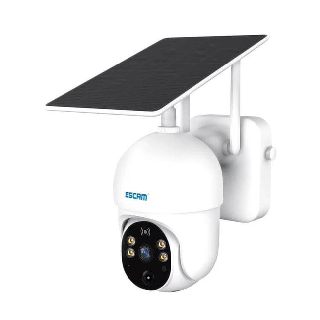 ESCAM QF255 Solar-Powered WiFi Security Camera for Outdoor Monitoring white solar-powered outdoor WiFi camera mounted on wall