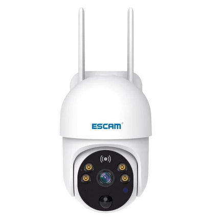 ESCAM QF255 Solar-Powered WiFi Security Camera for Outdoor Monitoring white dome camera with solar panel, dual antennas, PIR motion detection