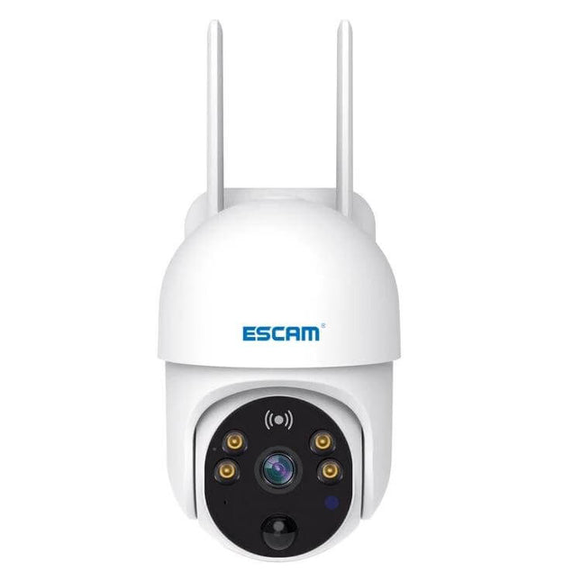 ESCAM QF255 Solar-Powered WiFi Security Camera for Outdoor Monitoring white dome camera with solar panel, dual antennas, PIR motion detection