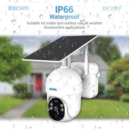 ESCAM QF255 Solar-Powered WiFi Security Camera for Outdoor Monitoring shown mounted with solar panel, IP66 waterproof outdoor surveillance
