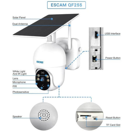 ESCAM QF255 Solar-Powered WiFi Security Camera for Outdoor Monitoring showing solar panel, PIR sensor, lens, speaker, USB and TF card slot