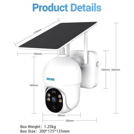 ESCAM QF255 Solar-Powered WiFi Security Camera for Outdoor Monitoring mounted with solar panel and PIR motion sensors for driveway or garden surveillance