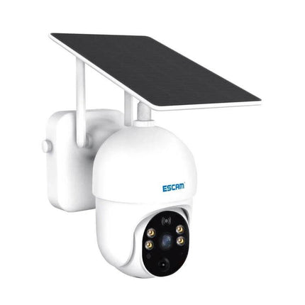 ESCAM QF255 Solar-Powered WiFi Security Camera for Outdoor Monitoring mounted with solar panel showing PIR sensors and night LEDs