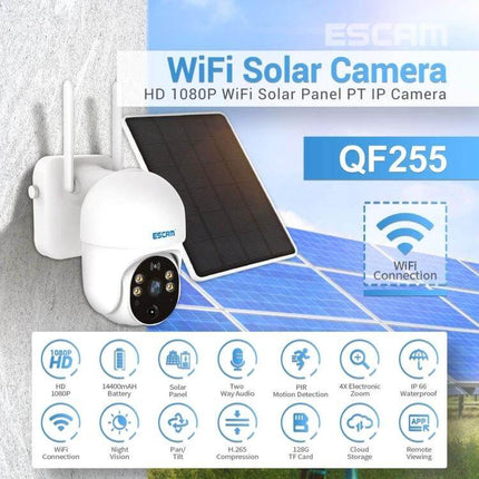 ESCAM QF255 Solar-Powered WiFi Security Camera for Outdoor Monitoring mounted with solar panel showing WiFi connection and outdoor installation