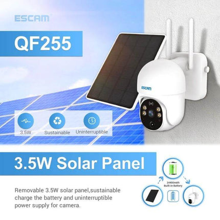 ESCAM QF255 Solar-Powered WiFi Security Camera for Outdoor Monitoring mounted with external 3.5W solar panel for continuous outdoor surveillance