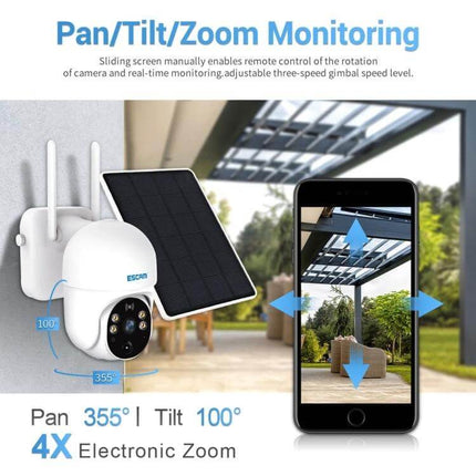 ESCAM QF255 Solar-Powered WiFi Security Camera for Outdoor Monitoring showing solar panel, pan/tilt/zoom and mobile app live view
