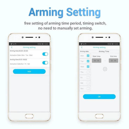 ESCAM QF255 Solar-Powered WiFi Security Camera for Outdoor Monitoring app arming settings screen showing schedule and toggles