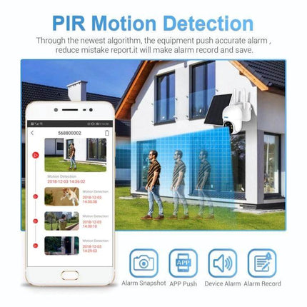 ESCAM QF255 Solar-Powered WiFi Security Camera for Outdoor Monitoring showing PIR motion detection, app push alerts and solar panel on house