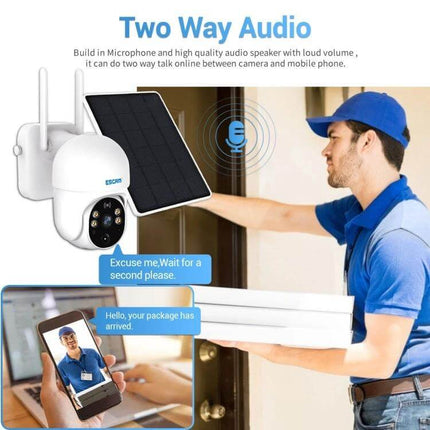 ESCAM QF255 Solar-Powered WiFi Security Camera for Outdoor Monitoring showing solar panel, two-way audio and delivery person at front door