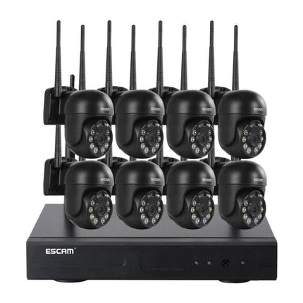 ESCAM 8-Channel Wireless Dome Camera Security System with eight black dome cameras and NVR for home or small business monitoring